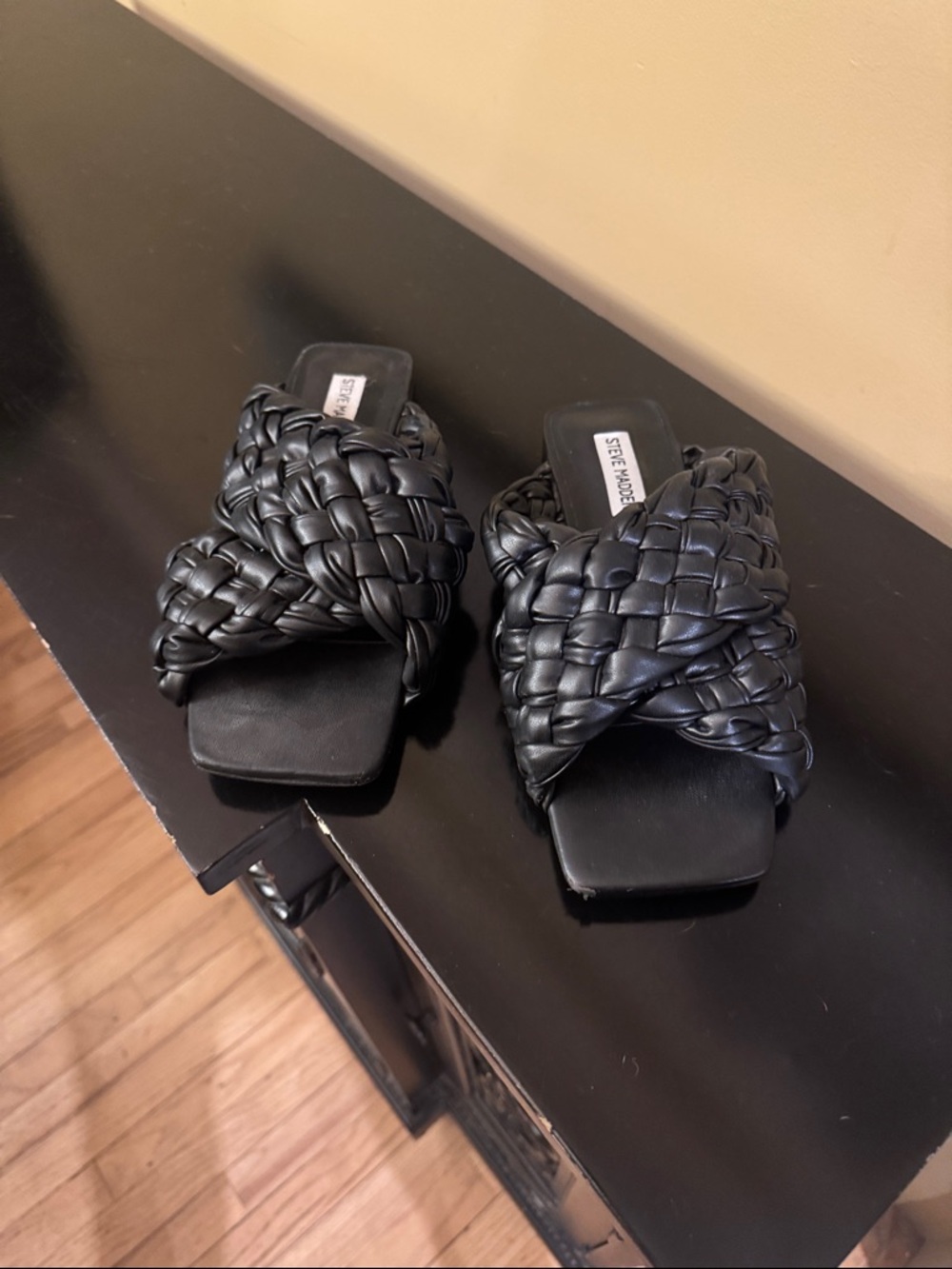 Steve Madden Black Braided Square-Toe Slide Mules